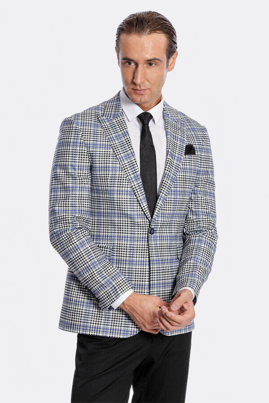 Men’s Blue & Black Glen Plaid Slim Fit Notch Lapel Sport Blazer