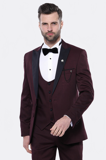 Men's Garnet Burgundy Slim Fit 3-Piece Tuxedo with Detachable Lapel