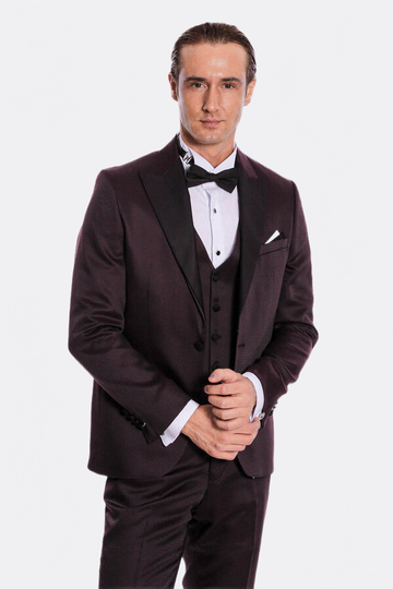Men's Deep Claret Micro-Patterned 3-Piece Slim Fit Tuxedo with Shawl Lapel
