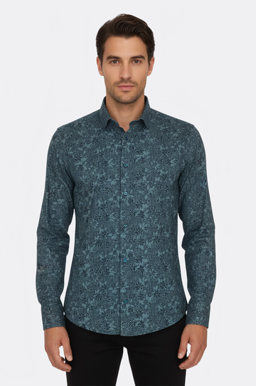 Men's Green Slim Fit Bloom Patterned Shirt | Wessi