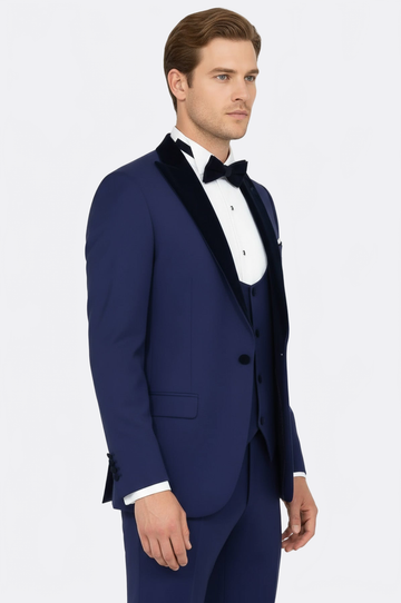 Men's Royal Blue 3-Piece Slim Fit Tuxedo with Velvet Shawl Lapel