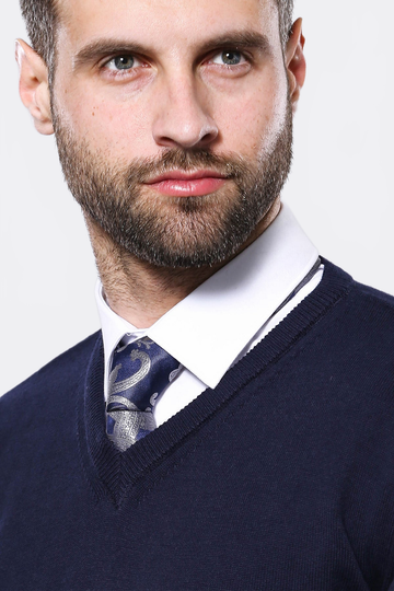 Dark Blue Slim Fit Plain V-Neck Sweater – Wessi