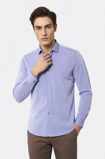Men's Blue Dobby Patterned Slim Fit Long Sleeve Shirt | Wessi