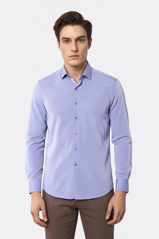 Men's Blue Dobby Patterned Slim Fit Long Sleeve Shirt | Wessi