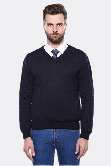 Navy Blue Slim Fit V-Neck Cotton Knit Jumper – Wessi