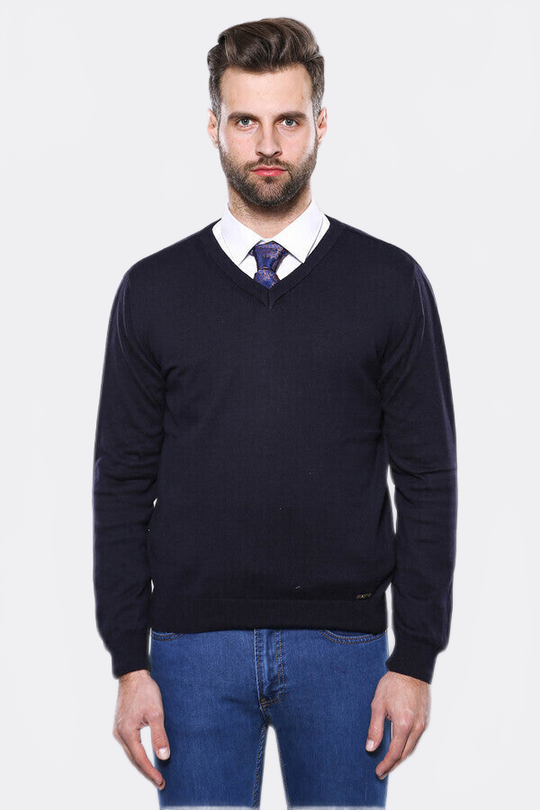 Navy Blue Slim Fit V-Neck Cotton Knit Jumper – Wessi