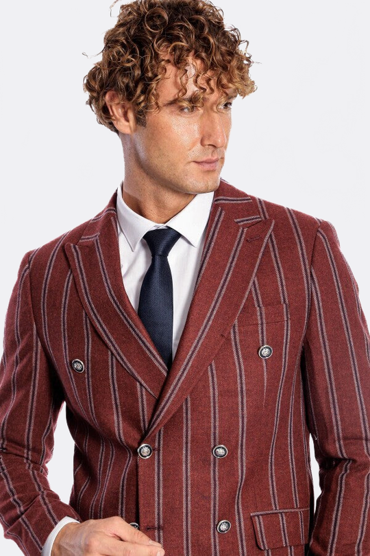Men’s Deep Burgundy Striped Slim Fit Double Breasted Peak Lapel Blazer