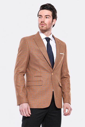 Men’s Orange Micro-Check Slim Fit Peak Lapel Sport Blazer