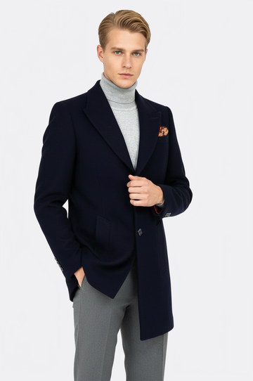 Navy Blue Slim Fit Wide Peak Lapel Wool Blend Coat – Wessi