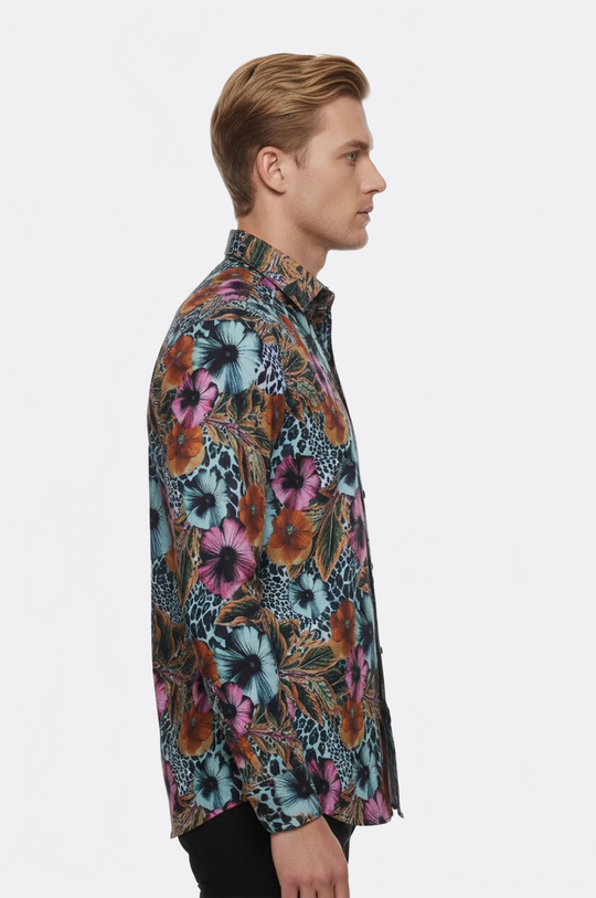 Men's White Slim Fit Floral & Leopard Print Multicolour Shirt | Wessi