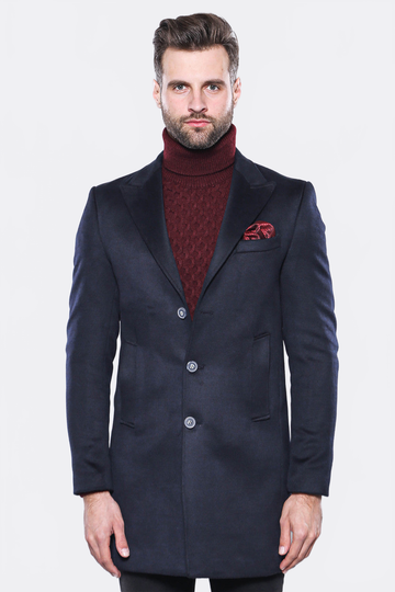 Navy Blue Slim Fit Peak Wide Lapel Long Coat – Wessi