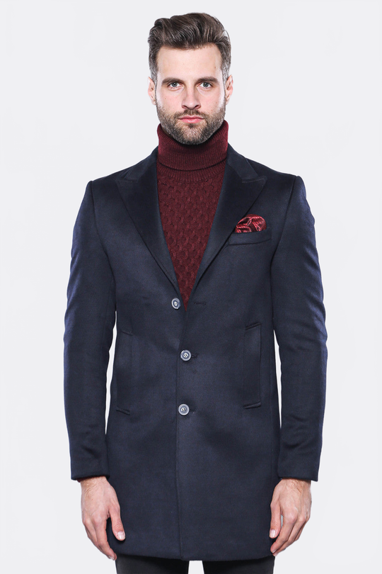 Navy Blue Slim Fit Peak Wide Lapel Long Coat – Wessi