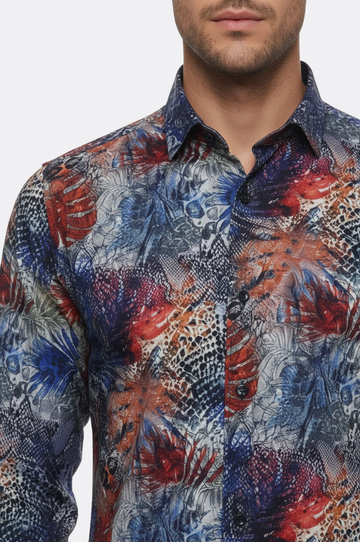 Men's Navy Blue Slim Fit Red Leaf Print Shirt | Wessi