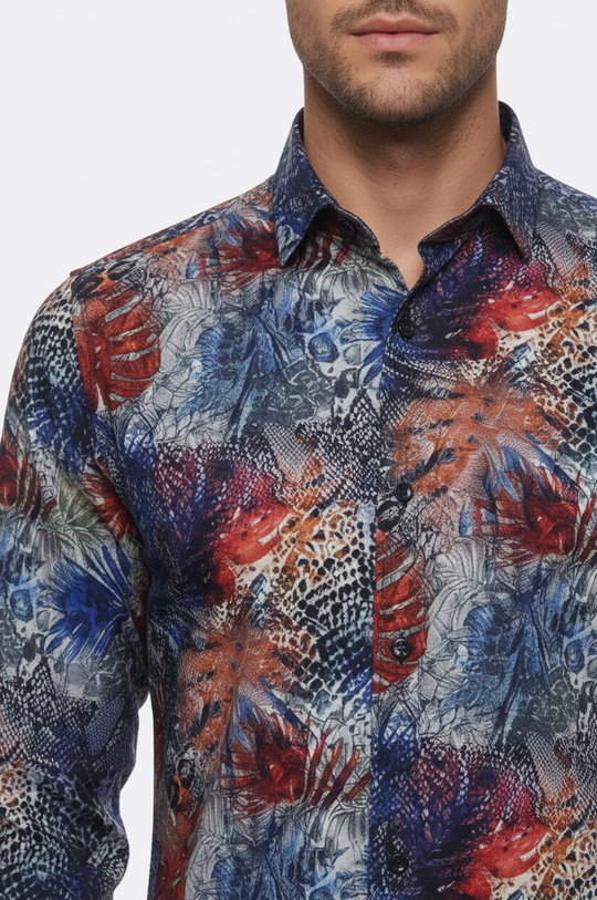 Men's Navy Blue Slim Fit Red Leaf Print Shirt | Wessi