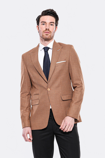 Men’s Orange Micro-Check Slim Fit Peak Lapel Sport Blazer