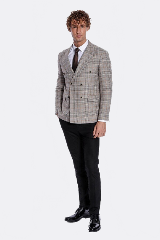 Men’s Tawny Brown Checked Slim Fit Double Breasted Smart-Casual Blazer