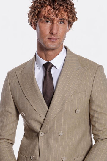 Men’s Sand Beige Pinstripe Slim Fit Double-Breasted Peak Lapel Blazer