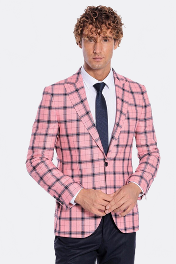 Men’s Pink & Navy Plaid Slim Fit Notch Lapel Sport Blazer