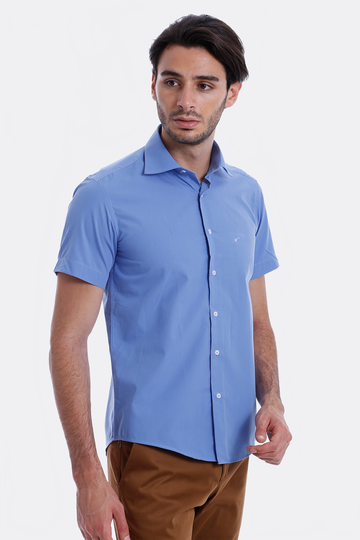 Short Sleeve Plain Blue Slim Fit Shirt | Wessi