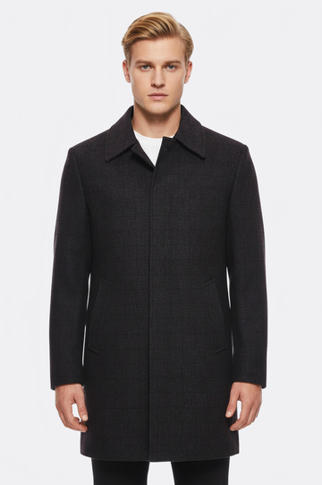 Burgundy Check Slim Fit Peak Lapel Hidden Button Wool Blend Coat – Wessi