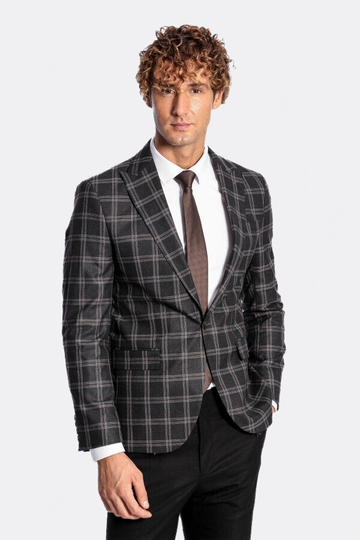 Men’s Charcoal Black Windowpane Check Slim Fit Peak Lapel Sport Blazer