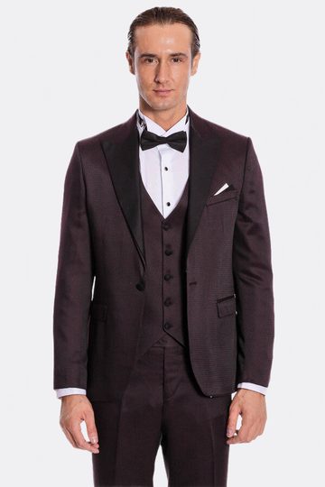 Men's Deep Claret Micro-Patterned 3-Piece Slim Fit Tuxedo with Shawl Lapel