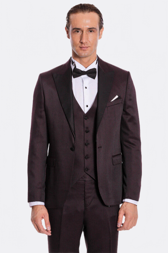 Men's Deep Claret Micro-Patterned 3-Piece Slim Fit Tuxedo with Shawl Lapel