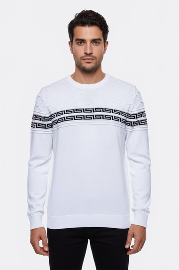 White Slim Fit Round Neck Chest Patterned Knit Jumper – Wessi