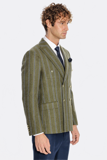 Men’s Forest Green Striped Slim Fit Double Breasted Peak Lapel Blazer