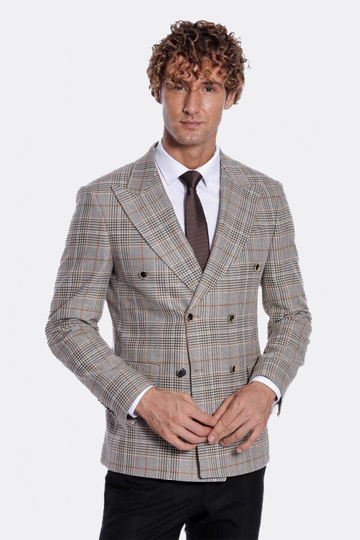 Men’s Tawny Brown Checked Slim Fit Double Breasted Smart-Casual Blazer