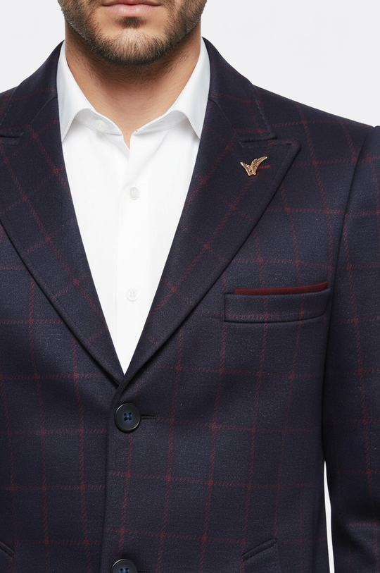 Navy Blue Plaid Slim Fit Long Coat – Wessi