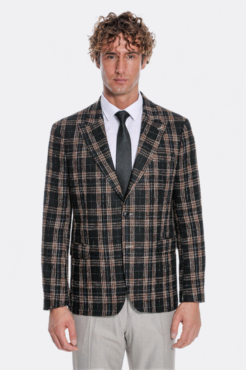 Men’s Midnight Black & Amber Plaid Slim Fit Notch Lapel Blazer