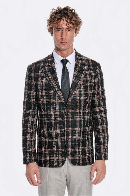 Men’s Midnight Black & Amber Plaid Slim Fit Notch Lapel Blazer