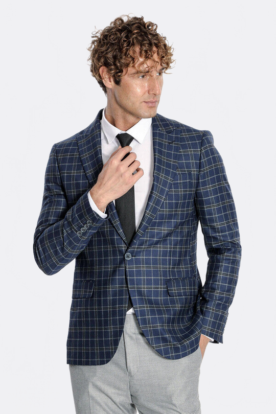 Men’s Midnight Navy Windowpane Check Slim Fit Notch Lapel Sport Blazer