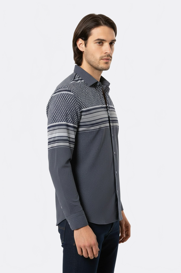 Men's Navy Blue Patterned Slim Fit Short Sleeve Shirt | Wessi