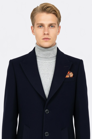 Navy Blue Slim Fit Wide Peak Lapel Wool Blend Coat – Wessi
