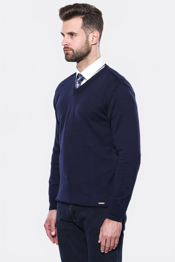 Dark Blue Slim Fit Plain V-Neck Sweater – Wessi