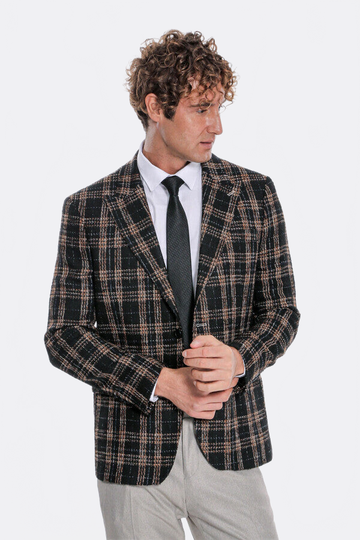 Men’s Midnight Black & Amber Plaid Slim Fit Notch Lapel Blazer