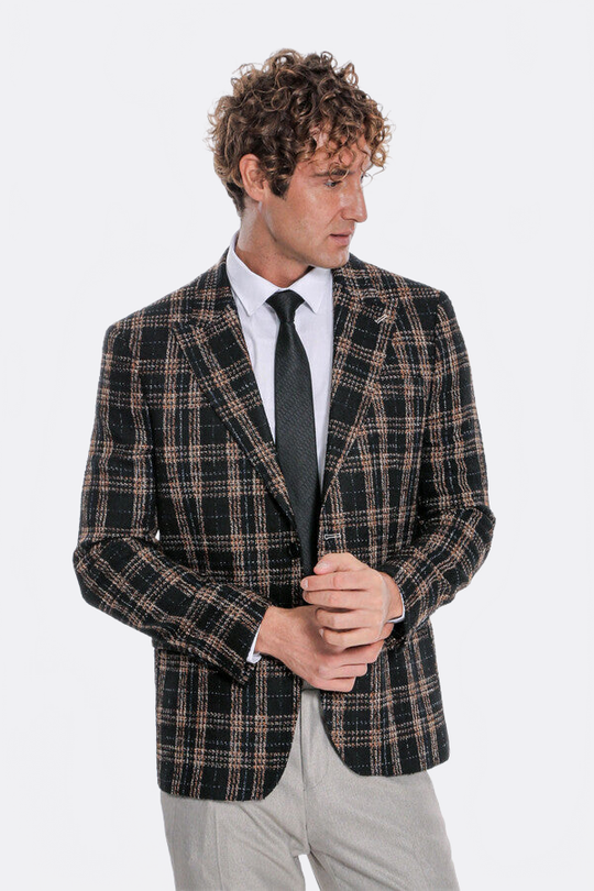 Men’s Midnight Black & Amber Plaid Slim Fit Notch Lapel Blazer