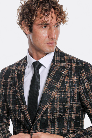 Men’s Midnight Black & Amber Plaid Slim Fit Notch Lapel Blazer