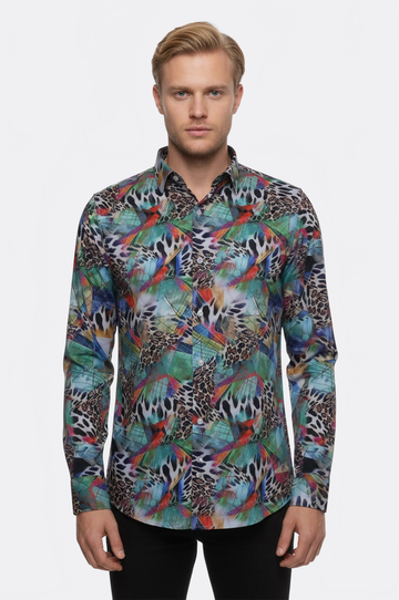 Men's Sky Blue Slim Fit Leopard Print Multicolour Shirt | Wessi
