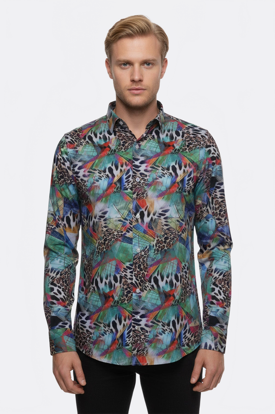 Men's Sky Blue Slim Fit Leopard Print Multicolour Shirt | Wessi