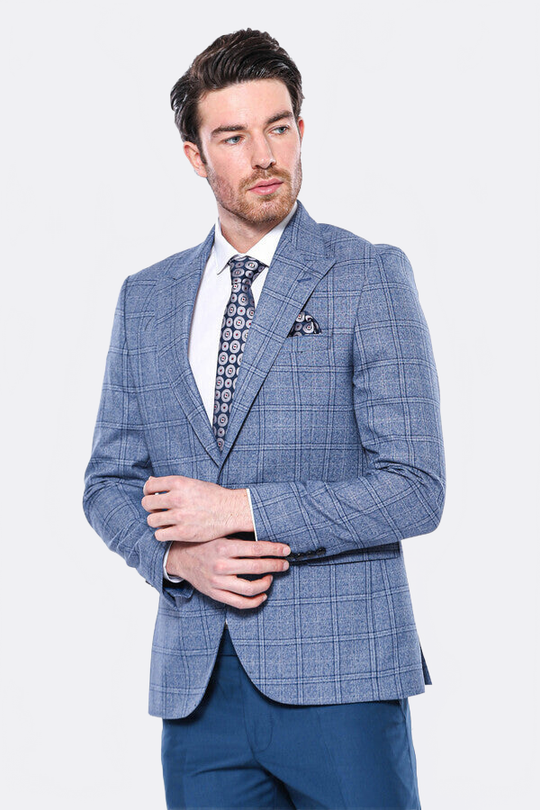 Men’s Indigo Blue Textured Checked Slim Fit Notch Lapel Blazer