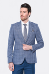 Men’s Indigo Blue Textured Checked Slim Fit Notch Lapel Blazer