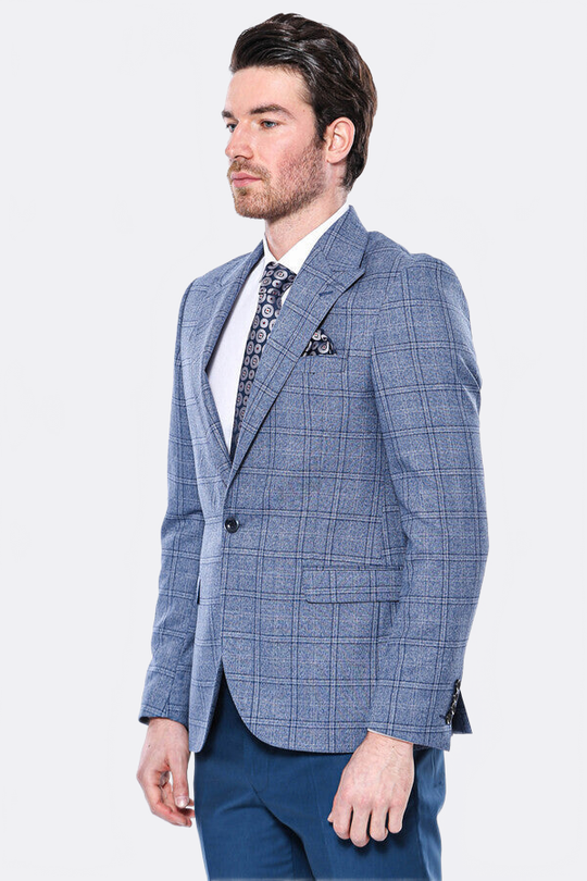 Men’s Indigo Blue Textured Checked Slim Fit Notch Lapel Blazer
