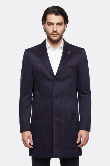 Navy Blue Plaid Slim Fit Long Coat – Wessi