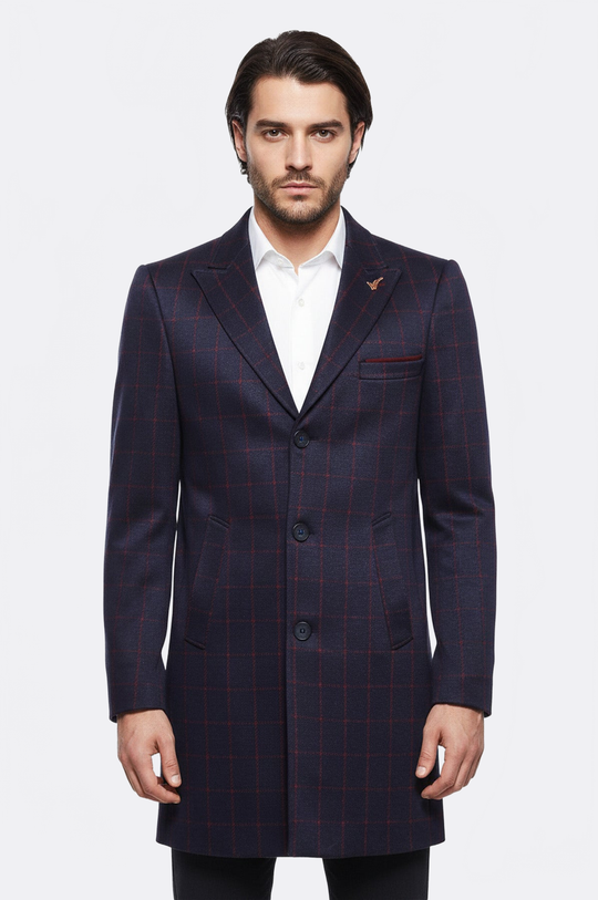 Navy Blue Plaid Slim Fit Long Coat – Wessi