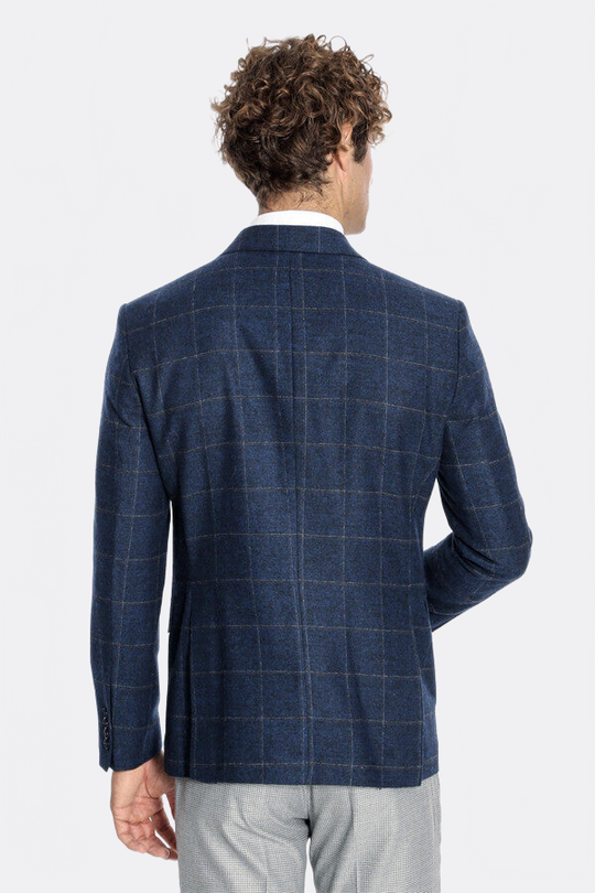 Men’s Navy Blue Windowpane Plaid Wool Blend Slim Fit Notch Lapel Blazer