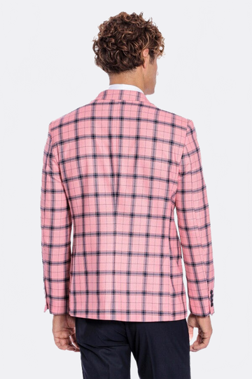 Men’s Pink & Navy Plaid Slim Fit Notch Lapel Sport Blazer