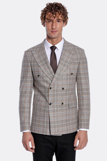 Men’s Tawny Brown Checked Slim Fit Double Breasted Smart-Casual Blazer